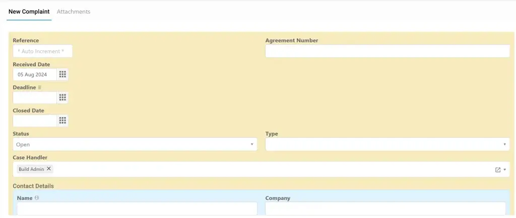 A Screenshot of the Complaint Management module Data Capture Form - showing the variety of data fields.