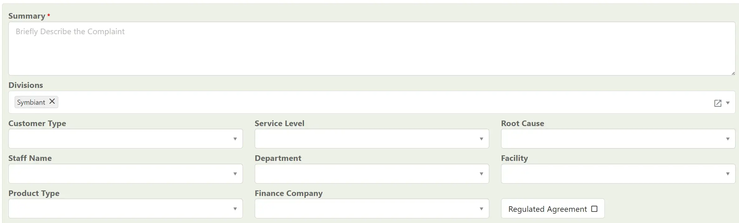 A Screenshot of the Complaint Management module Data Capture Form - showing the variety of data additional fields.